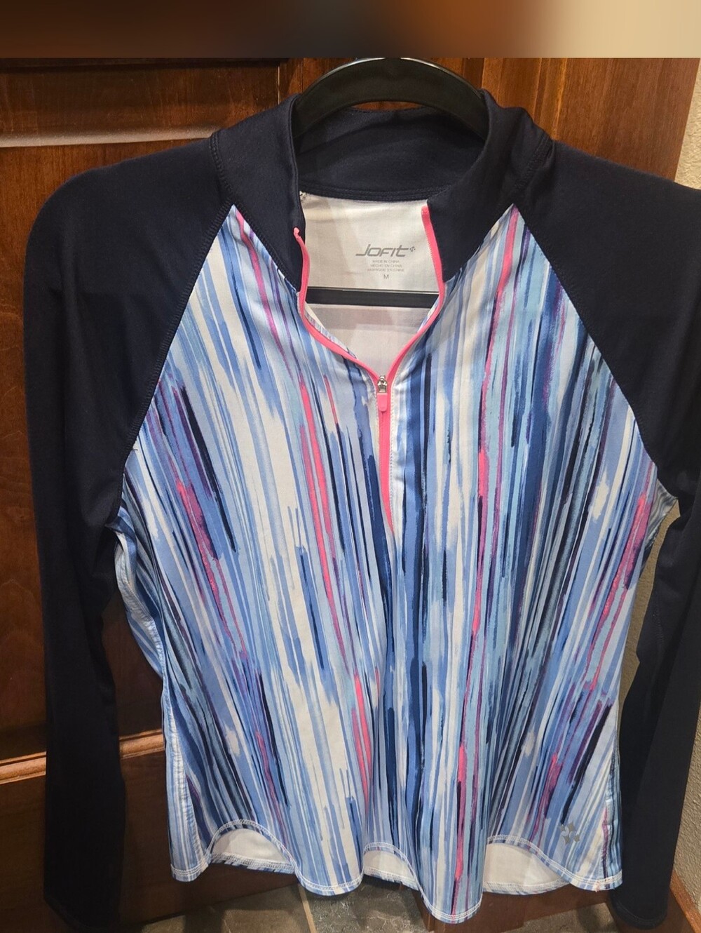 Jofit Long Sleeve 1/4 zip Top. Blue pink white w/navy blue sleeves. Medium. EUC